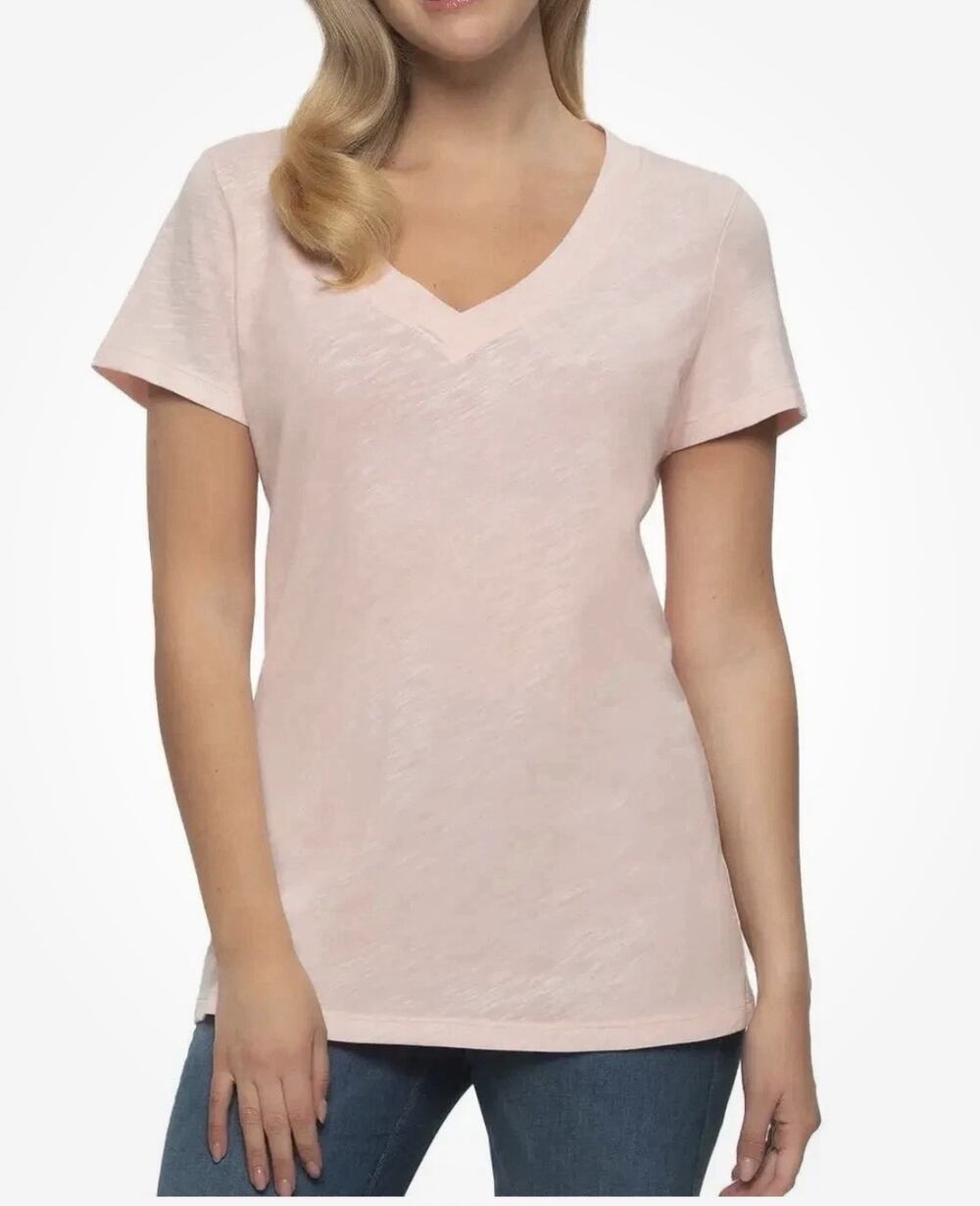 Felina Women’s Pink Slub V-Neck T-Shirt, XL Cotton Modal Blend, Casual Tee (AR7)